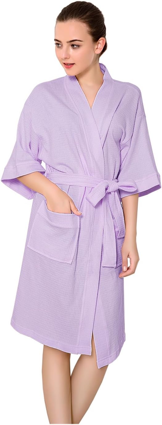 Women's Kimono Bathrobe Waffle Hotel Spa Robe Lightweight Knee-Length Cotton Nightgowns Sleepwear