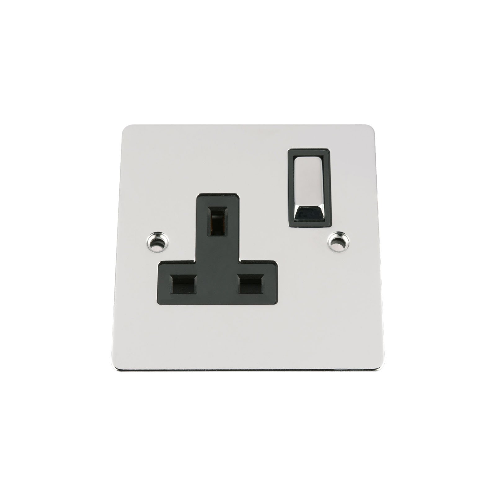Single Plug Socket 1 Gang 13A -Polished Chrome -Flat -Black Insert -Metal Rocker Switch
