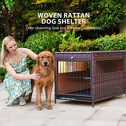 DEStar Heavy Duty PE Rattan Wicker Pet Dog Cage Crate Indoor Outdoor