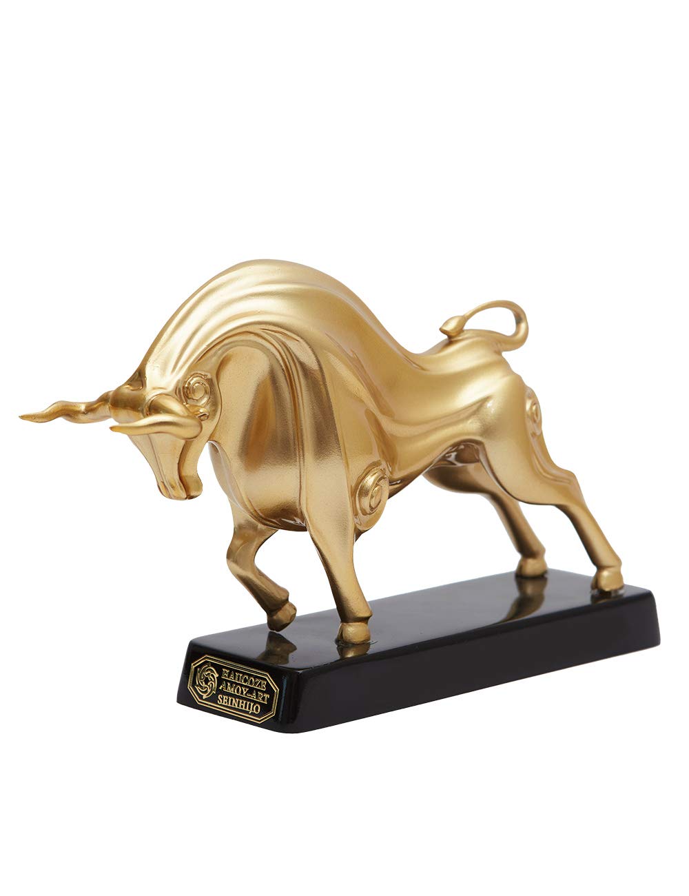 Amoy-Art Wall Street Bull Sculpture Statue Animal Decor Figurine Polyresin Home Arts Gold 21cm