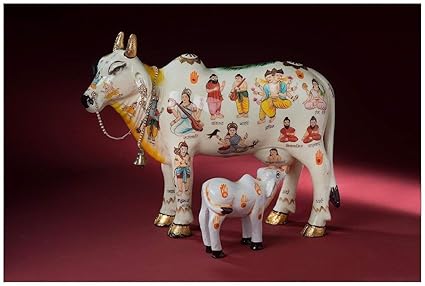 Vivaan Exim Kamdhenu Cow With Calf (26Cm X 10Cm X 21Cm) God Figure Hand Painted, Polyresin Statue Home Decor And Puja Article Showpiece