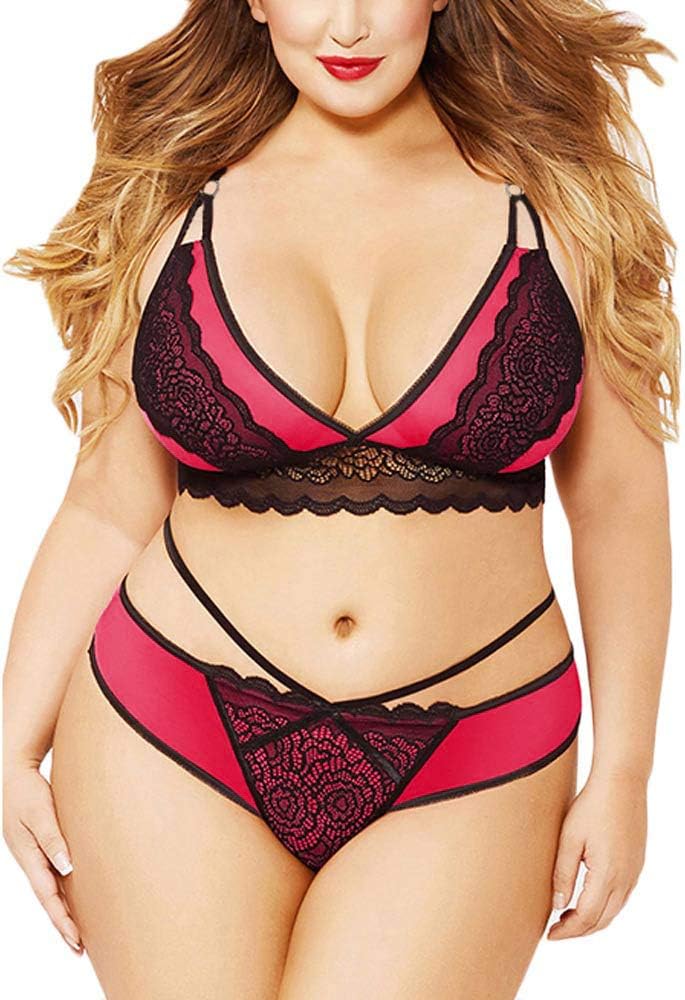 Sexy Underwear Set Lace Floral Lingerie Plus Size Bra and Panty Set Strappy Bodysuit 2 Piece Outfits