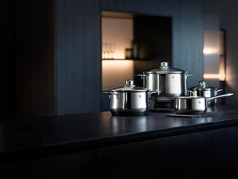 Diadem Plus - Batería de Cocina 7 Piezas, Acero Inoxidable Apto para Inducción, 1 Cacerola Baja de 20 cm, 2 Cacerolas Altas de 16 cm y 24 cm, 1 Cazo 16 cm con 3 Tapas de Cristal
