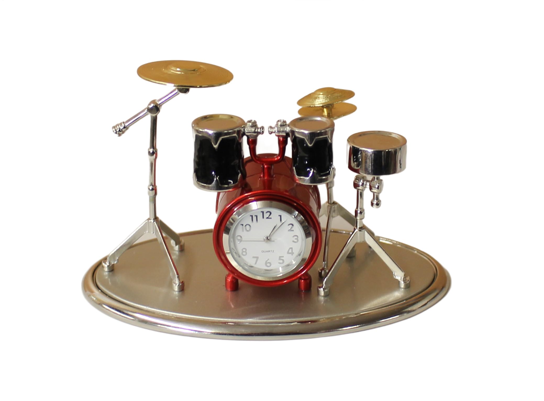 Benerini Miniature Drum Kit Clock - Free Standing Desk Top - Silver, Red, Black & Gold Colours