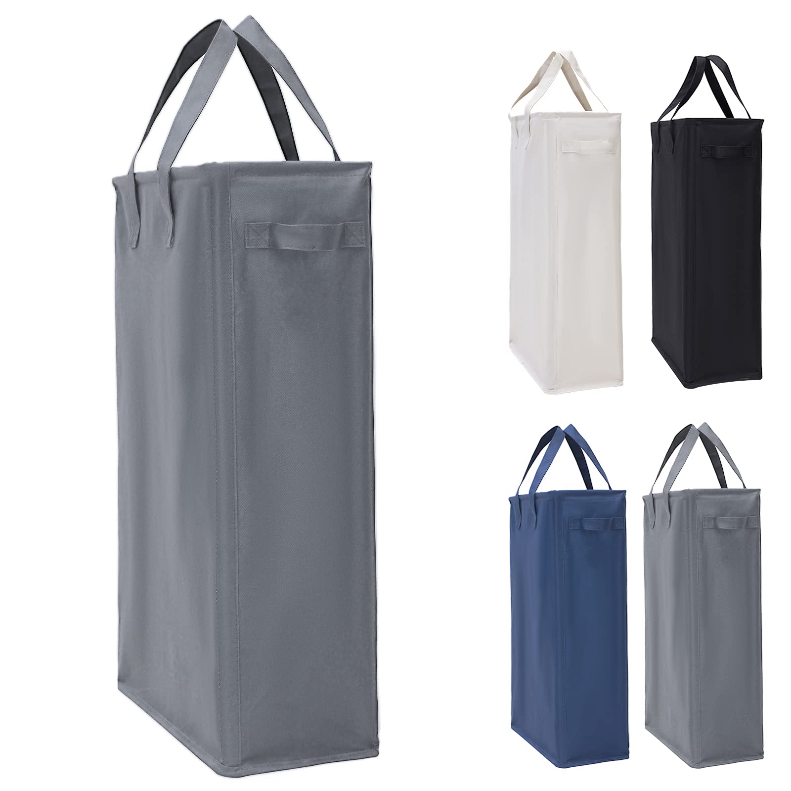 IHOMAGIC Slim Laundry Basket with Carry Handles, Collapsible Clothes Hamper Tall Rectangular Laundry Storage Bag with Breathable Mesh Cover, Foldable Laundry Washing Bin for Bathroom (45L, Dark Grey)