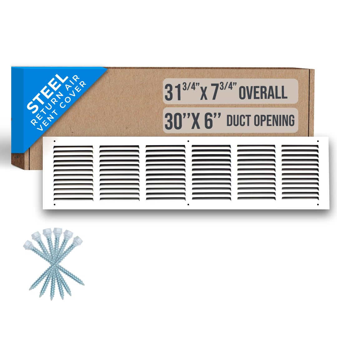 Fits 30x6 Duct Opening | Steel Return Air Grille by Handua | Vent Cover Grill for Sidewall and Ceiling | White | HVAC Cold Air Intake Grille | Outer Dimensions: 31.75"W X 7.75"H