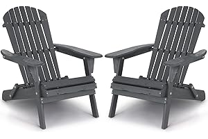 DKELINCS Folding Adirondack Chair Set of 2 Patio Chairs Weather Resistant Folding Outdoor Chair Solid Wooden Heavy Duty Reclining Fire Pit Chair for Deck, Lawn, Backyard, Garden-Grey