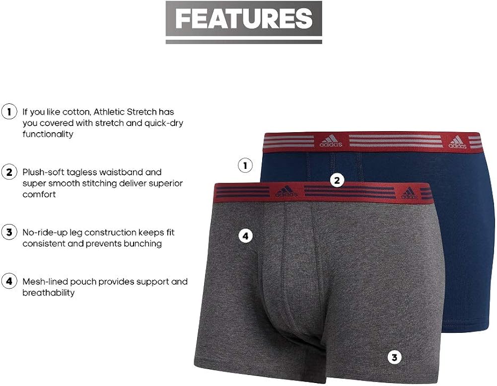 adidas Men's Athletic Stretch Cotton Trunk Underwear (2-Pack) : Athletic Underwear : Clothing