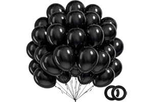 BAUANOOY 100pcs Black Balloons 12 inch, Black Latex Balloons with Black Ribbon for Graduation Halloween Birthday Party Decorations