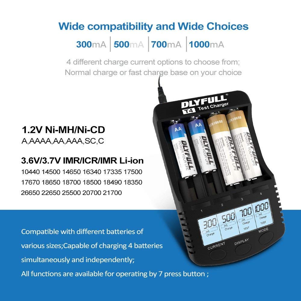 Dlyfull Speedy Universal Battery Charger with LCD Display 4-Slot Multifunctional Smart Battery Charger for NiMH NiCD AA AAA C SC & 18650 18490 14500 10400 17500 17355 16340 26650 26500 22650 Batteries