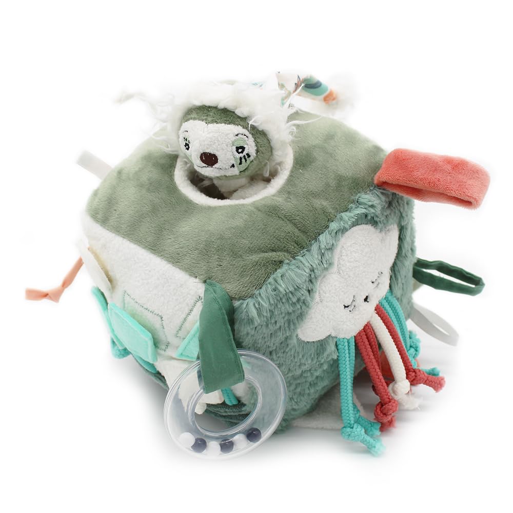 Les Déglingos - Chillos Le Sloth Fabric Activity Cube - Toy with Sound and Touchscreen for Baby - Development Toy - Birth Gift - 12 cm - Green