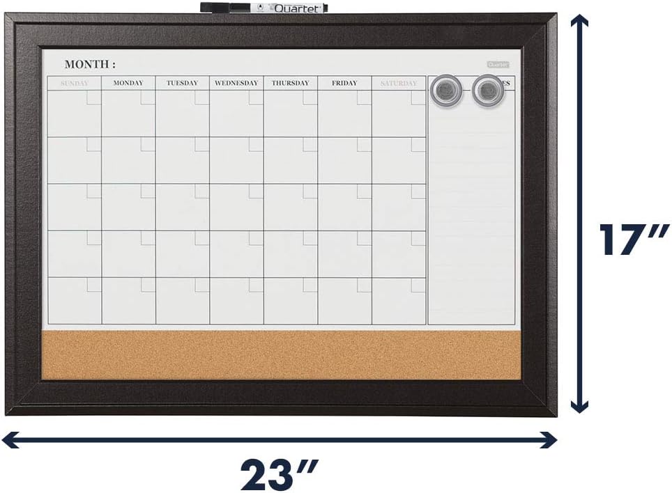 Quartet Combination Magnetic Whiteboard Calendar & Corkboard, 17" x 23" Combo Dry Erase White Board & Cork Bulletin Board, Perfect for Office, Home School Message Board, Black Frame (79275) : Office Products