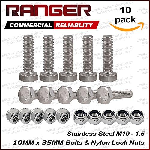 Ranger 10 Pcs M10 x 35mm 1.25 A2 Stainless Steel Fully Threaded Hex Head Screw Bolts with Nylon Lock Nuts