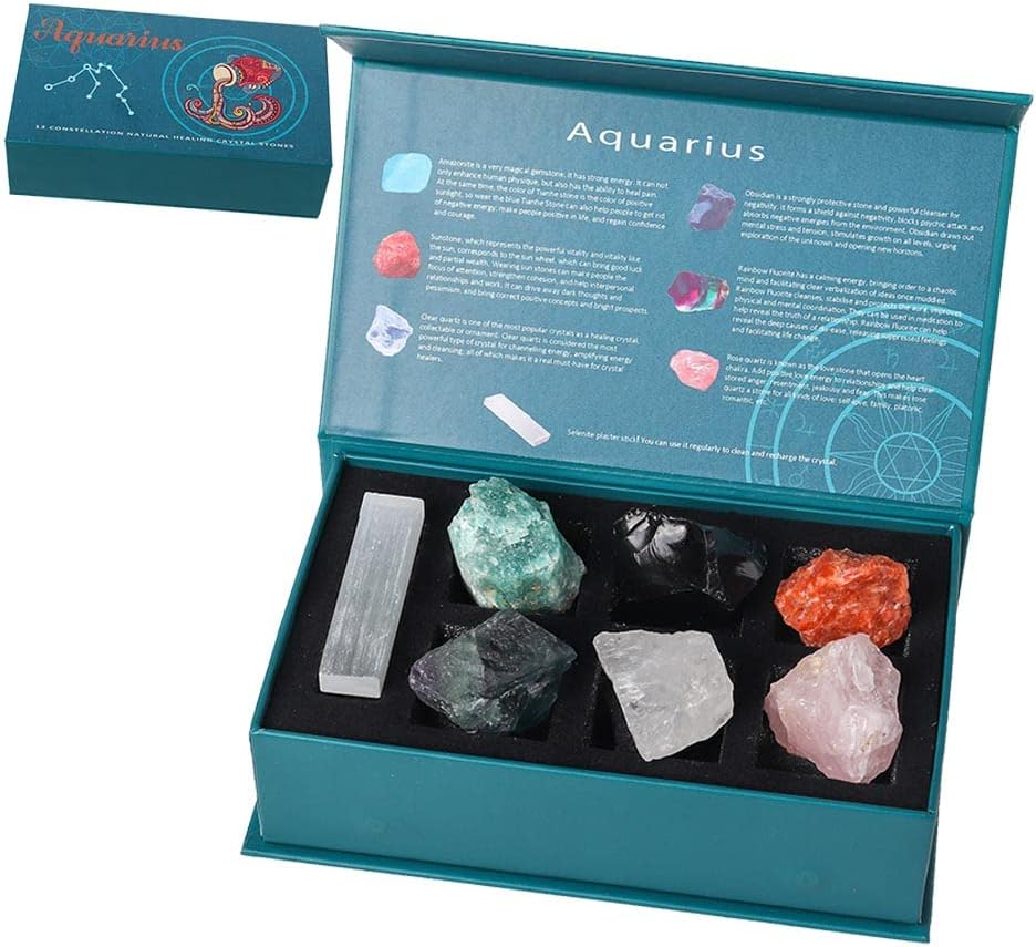 Indoor Fountains & Accessories - Runyangshi 12 Constellation Healing Crystals - Aquarius - 1.2lb 100% Natural Quartz Stone Set Chakra Astrology Zodiac Signs Gift