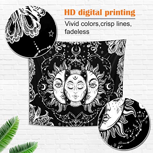 Tapestry Wall Hanging, Magicalmai Sun and Moon Wall Tapestry Burning Sun with Stars Tapestries Wall Art Mural Home Decorations for Bedroom Living Room Decor Black and White 59.1x59.1 Inches