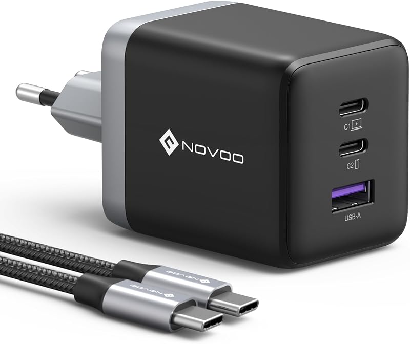 Carregador NOVOO USB C, carregador de 100 W com cabo USB-C PD, GAN 3 portas rápidas para MacBook Pro, DELL XPS 13, iPad Pro, iPhone, Galaxy S24 Ultra