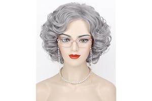 G&T Wig Old Lady Wig and Accessories Grandma Granny Costume Wig Short Curly Grey Cosplay Wig Synthetic Hair Halloween Party Wig (5pcs set)