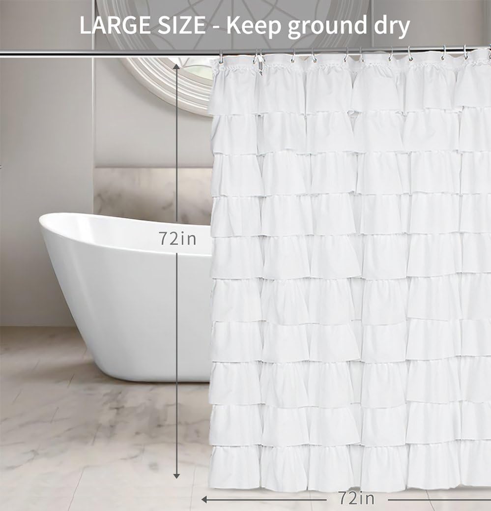 Volens White Shower Curtain Fabric/Ruffle for Bathroom,72in Long …: Home & Kitchen