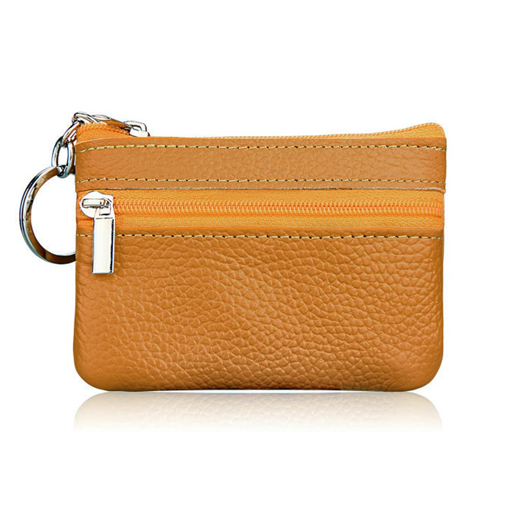 Hibate Mini Leather Coin Purse Holder Pouch for Women Men Kids with Zip Key Ring - Yellow