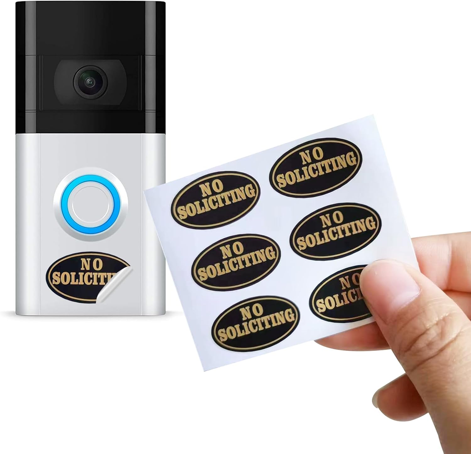 Address Signs - Small No Soliciting Sign for House,6 Pack No Soliciting Sign, with Glow in the Dark Stickers,No Soliciting Signs for Home/Door/Doorbell,Weatherproof 1x0.6 Inches Tiny Size Doorbell Sign (Golden)