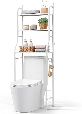 Estanteria Baño sobre Inodoro (47×26×153 cm) – Mueble Baño Auxiliar de 3 Niveles de Metal con Patas Regulables y Soporte Antivuelco, Organizador para Toallas, Lavadora o WC - Blanco