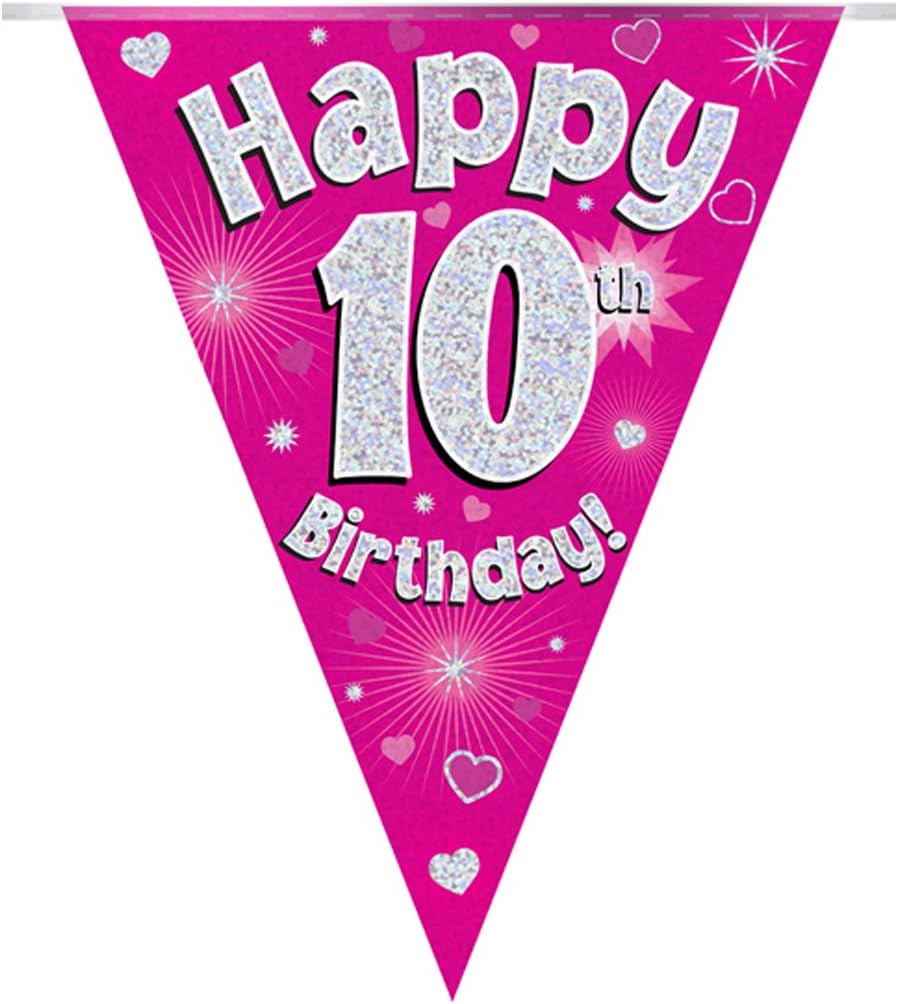 Party Bunting Happy 10th Birthday Pink Holographic 11 Flags 3.9m