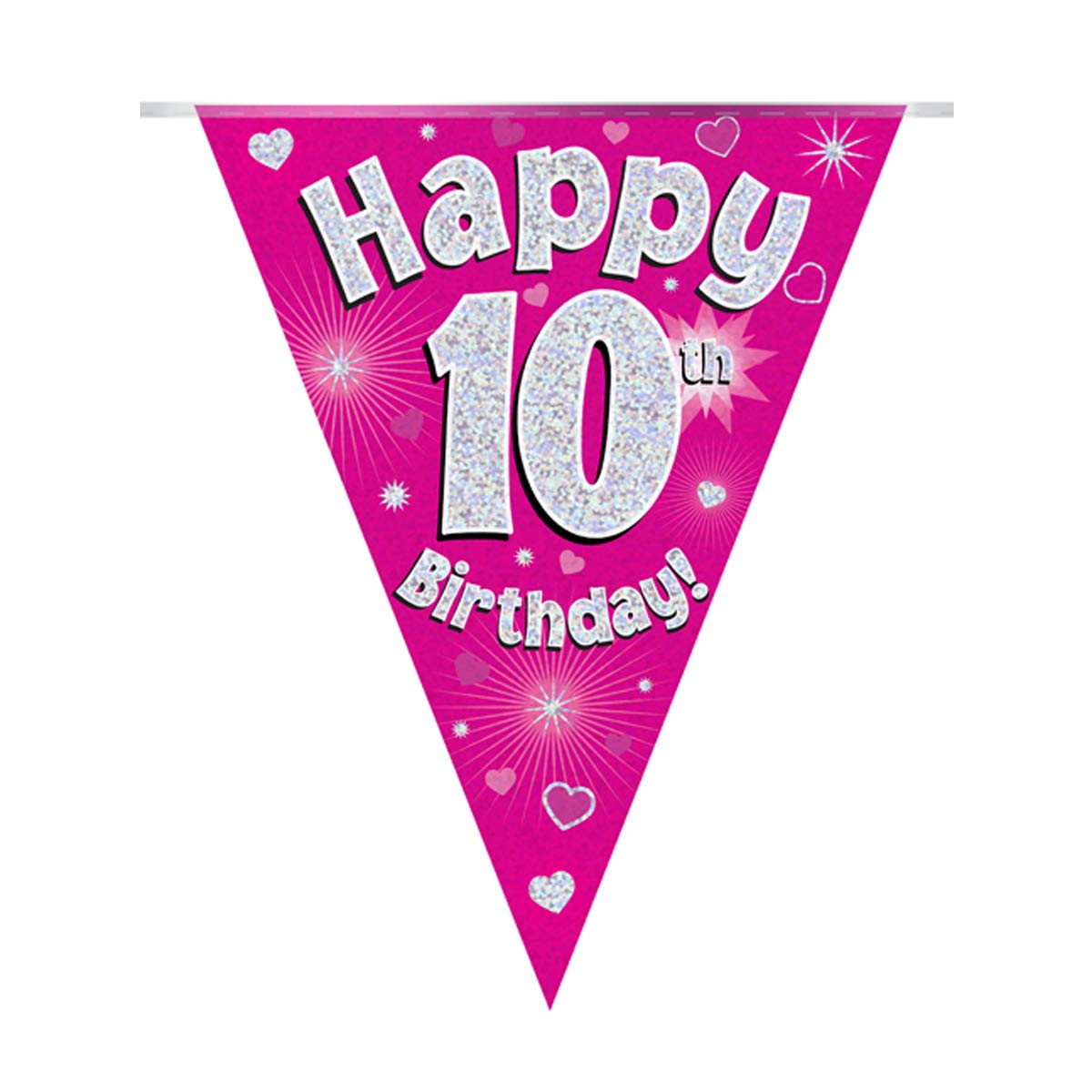 Party Bunting Happy 10th Birthday Pink Holographic 11 Flags 3.9m