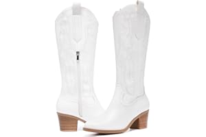 FW FRAN WILLOR Women's Cowboy Boots Knee High with Side Zipper Wide Calf Cowgirl Boots Comfortable Western Classic Embroidered Pointy Toe Fashion Retro Classic Pull On Tall Boot Fall Winter