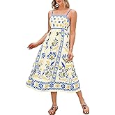 ChiaoLezhee Boho Midi Dresses for Women, A-Line Floral Sundress, Empire-Waist Spaghetti-Straps Flowy Long Dress