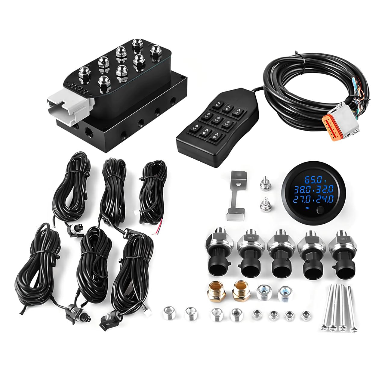 Photo 1 of 12V Solenoid Valve Air Ride Suspension manifold 8-Valve With 5M 9-switch Wired Remote Controller, equipped with five display air pressure gauge blue