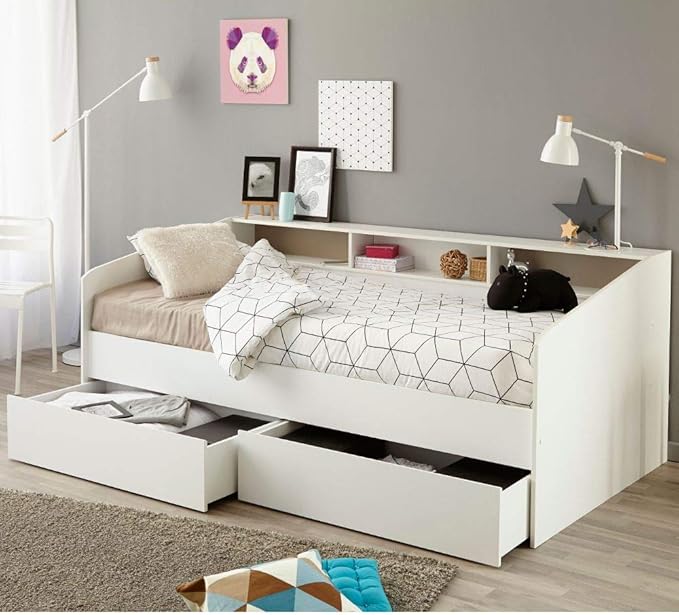 Storage Day Bed, Happy Beds Sleep White Wood Scandinavian Shelves