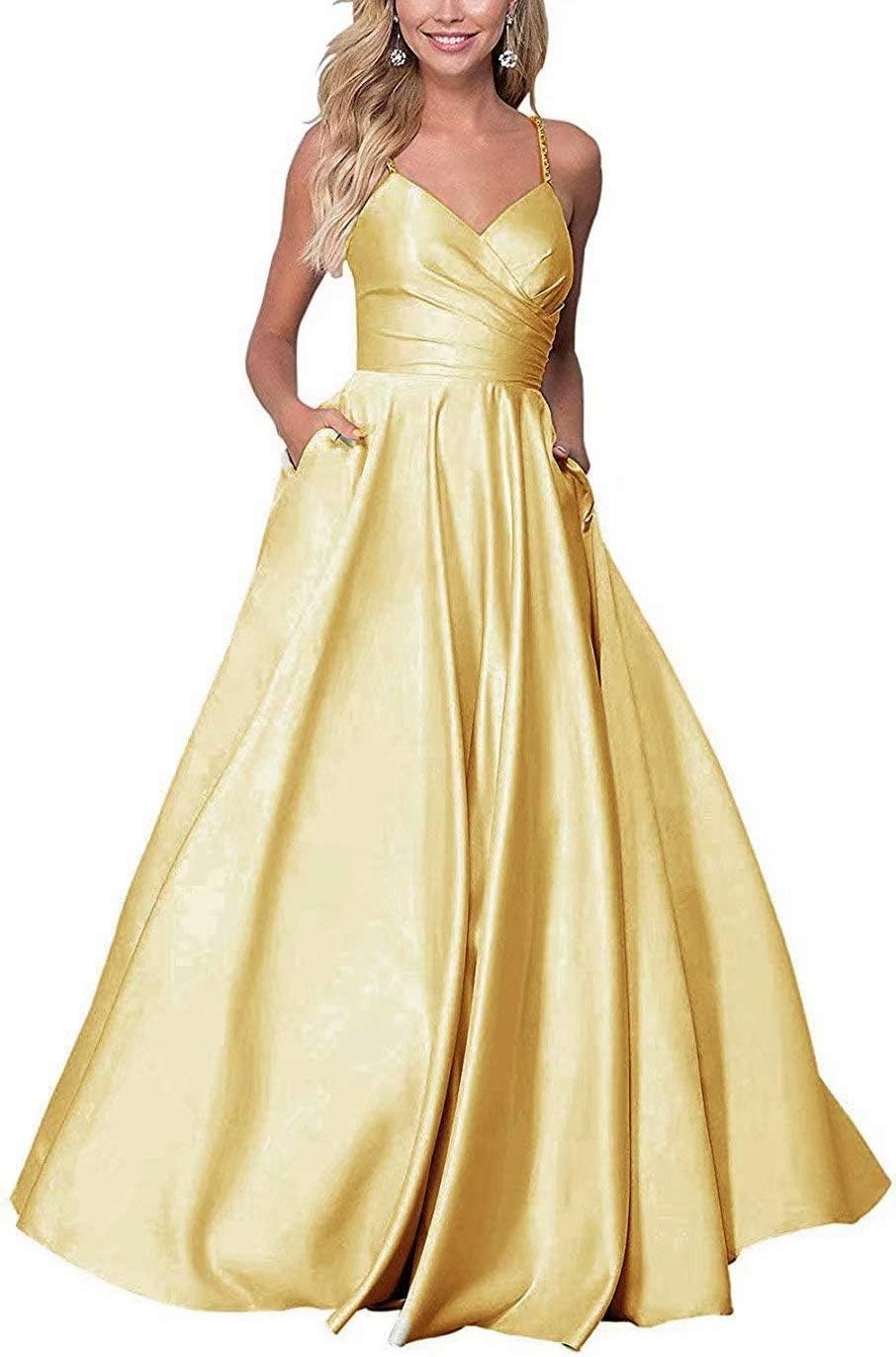 KAOSHAN Long Prom Dress Satin V Neck Straps A-Line Evening Gown With Pockets