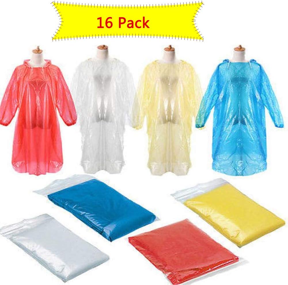 Rain Ponchos Emergency Raincoat - 16 Pack Disposable Clear Adults Ponchos with Hood for Men Women, Waterproof Rain Gear for Rainy Outdoors Travel Hiking Camping Sports Events Random (16Pcs)