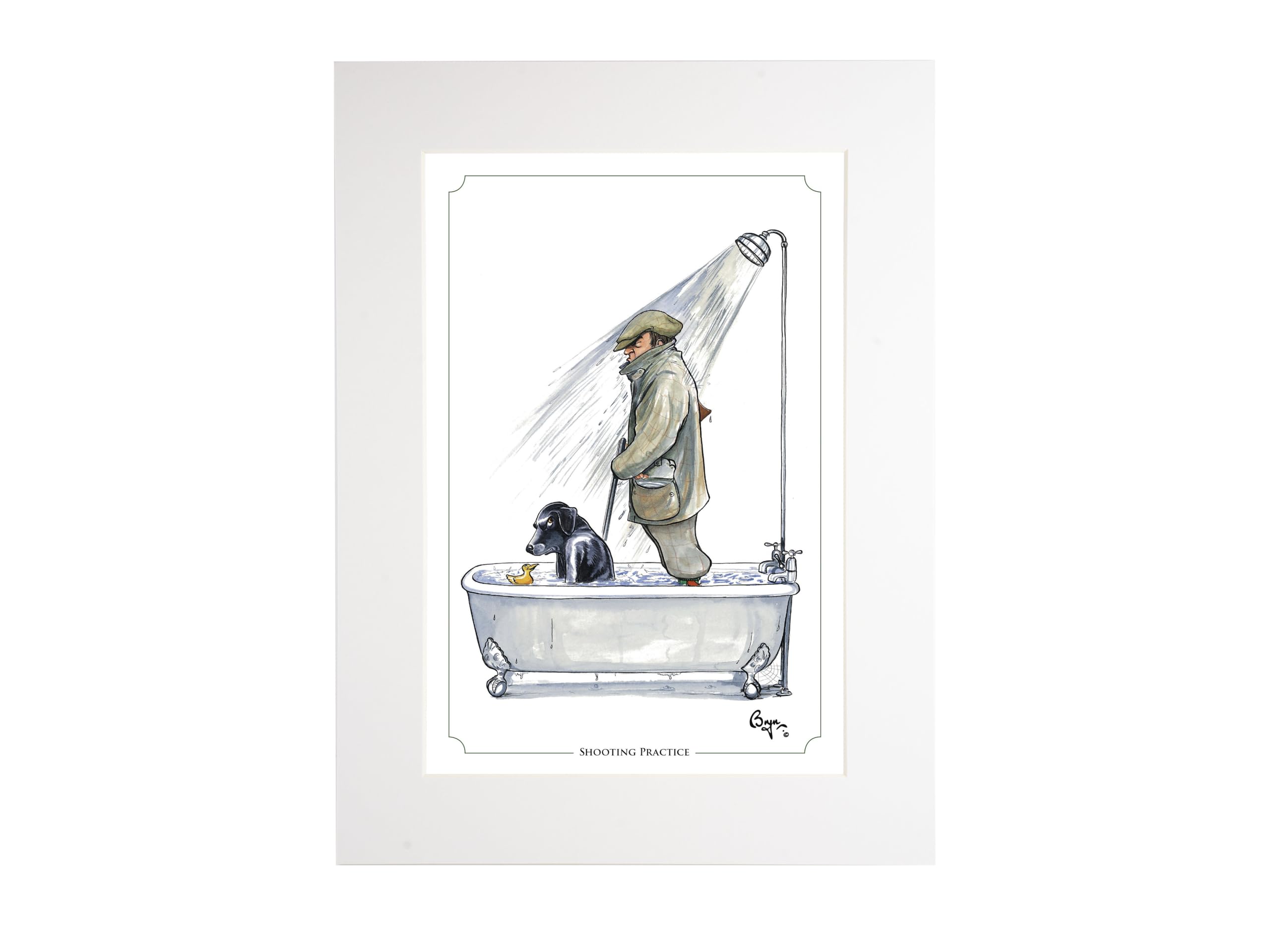 Bryn Parry Shooting Practice labrador sporting cartoon. Open edition, embossed, collectable mounted print ready to frame