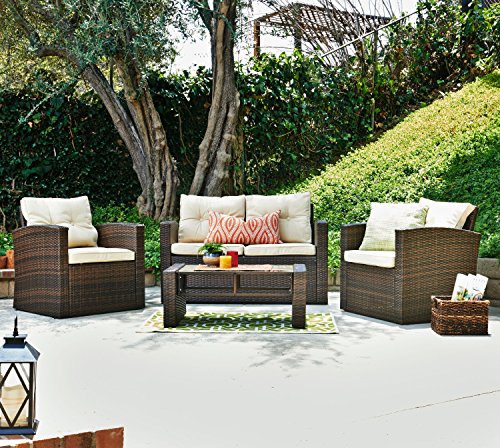 Carabelle Outdoor Wicker Patio 4 Piece Conversation Set with Tufted Back Cushions, Dark Brown an ...