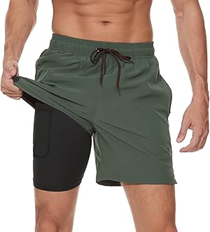 Arcweg Badehose für Herren mit Kompression Liner 2 in 1 Atmungsaktiv Badeshorts Männer Elastisch Trainingsshorts Verstellbar Tunnelzug mit Reißverschlusstaschen