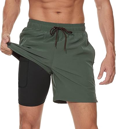 Arcweg Badehose für Herren mit Kompression Liner 2 in 1 Atmungsaktiv Badeshorts Männer Elastisch Trainingsshorts Verstellbar Tunnelzug mit Reißverschlusstaschen
