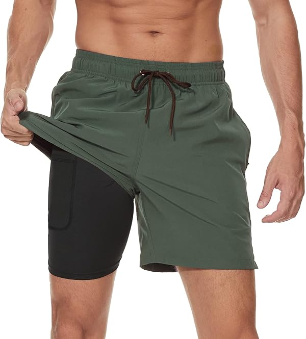 Arcweg Badehose für Herren mit Kompression Liner 2 in 1 Atmungsaktiv Badeshorts Männer Elastisch Trainingsshorts Verstellbar Tunnelzug mit Reißverschlusstaschen