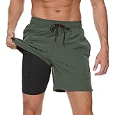 Arcweg Mens Swim Trunks with Compression Liner 2 in 1 Beach Swimming Trunks Quick Dry Swim Shorts with Zipper Pockets