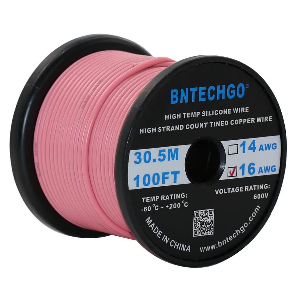 BNTECHGO 16 Gauge Silicone Wire Spool Pink 100 ft Ultra Flexible High Temp 200 deg C 600V 16 AWG Silicone Rubber Wire 252 Strands of Tinned Copper Wire Stranded Wire for Model Low Impedance