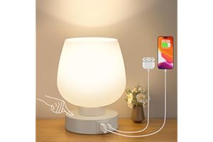 Kakanuo Bedside Table Lamp with Glass Shade, Touch Control, Dual USB A+C Charging Ports, Nightstand Lamp, 3-Way Dimmable, Bulb Included