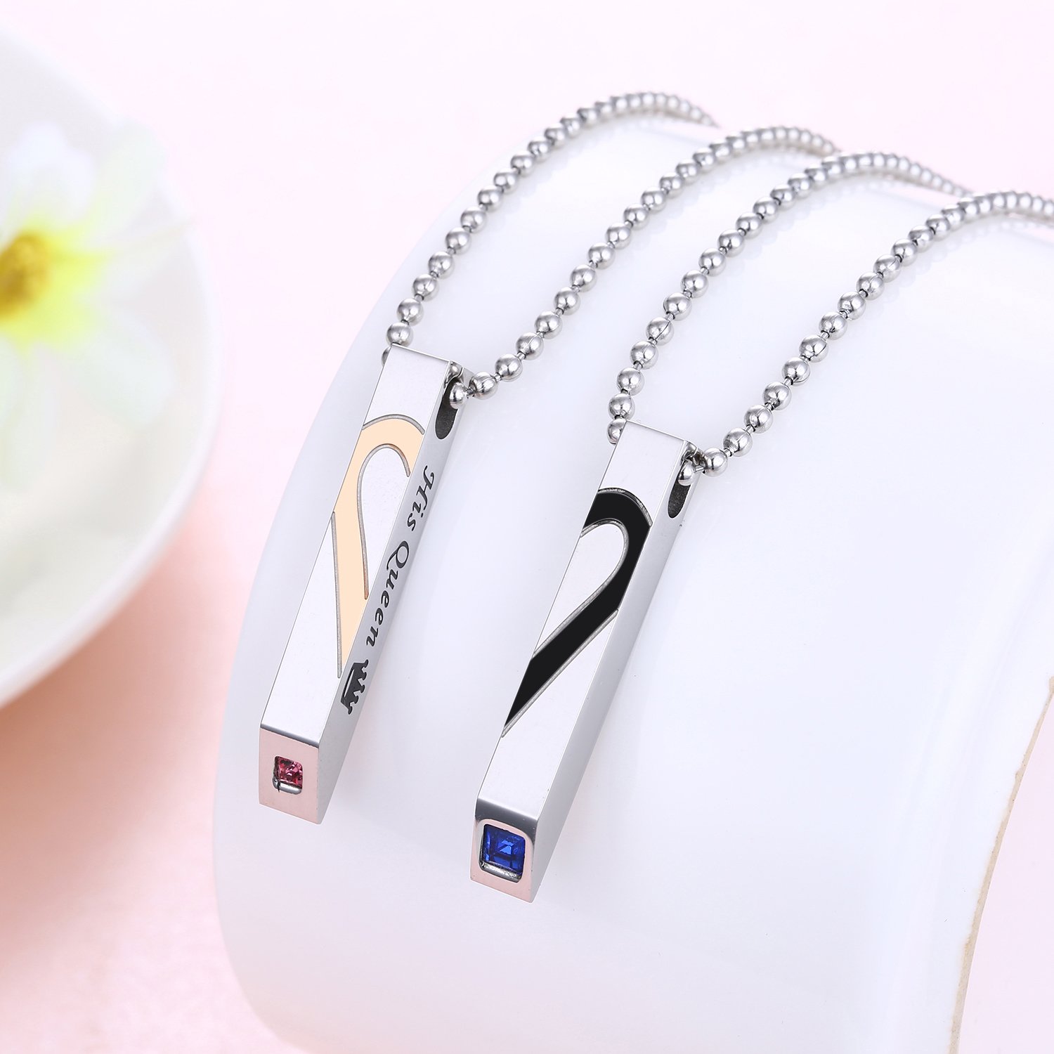 GAGAFEEL Couple Necklaces K & Q Crown Stainless Steel His Hers Puzzle Bar Pendant Anniversary Promise Gift (Style 2)