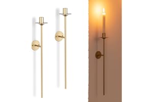 Romadedi Wall Sconces Candle Holder - Set of 2 Vintage Candle Sconces for Candlestick Taper Retro Long Metal Sconce Wall Decor for Living Room Dinning Room Bedroom Bathroom, Muted Gold