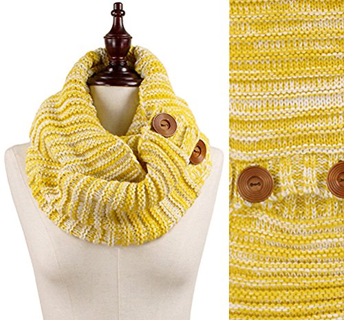 Stylesilove Wood Button Deco Two-tone Rib Knitted Cowl Scarf, 5 Colors (Mustard)