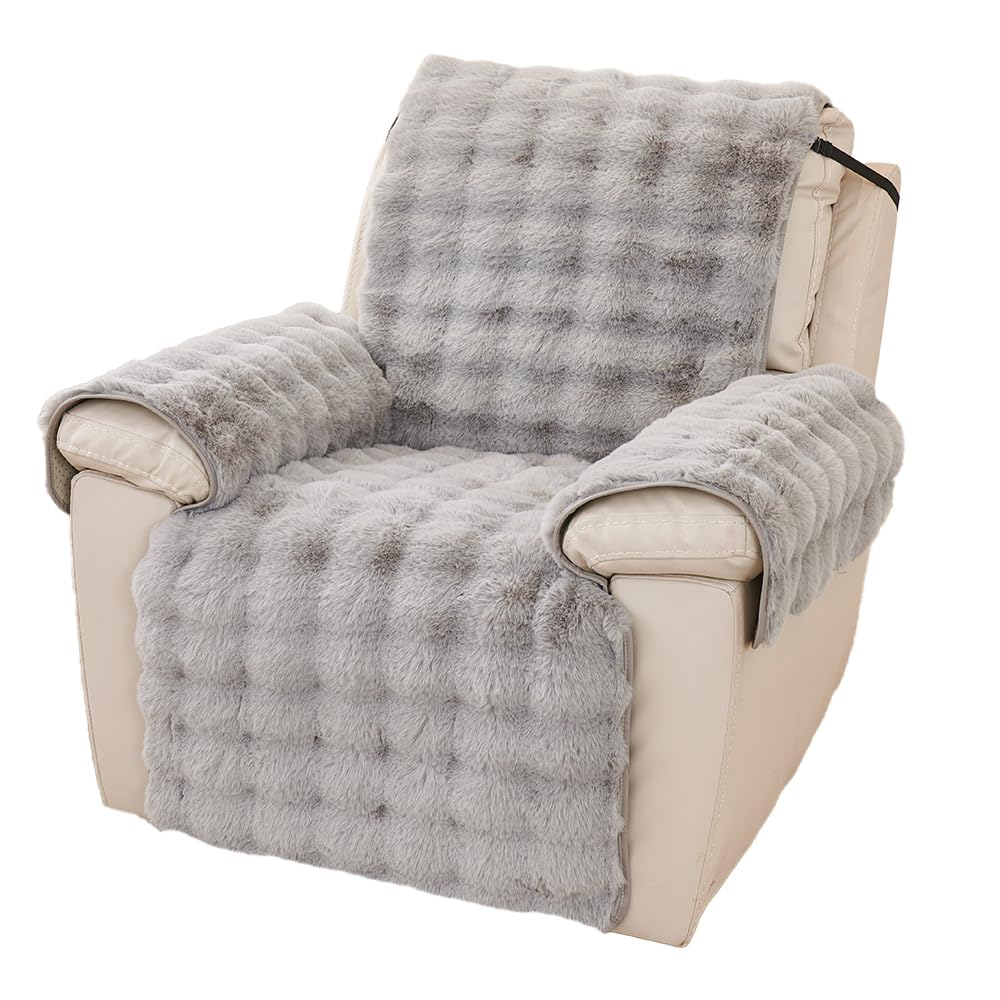 NUODWELL Thick Rabbit Plush Recliner Chair Cover, Super Soft Faux Fur Armchair Slipcover, Non Slip Washable Furniture Protector Cover with Tightening Straps for Kids and Pets (Light Grey)