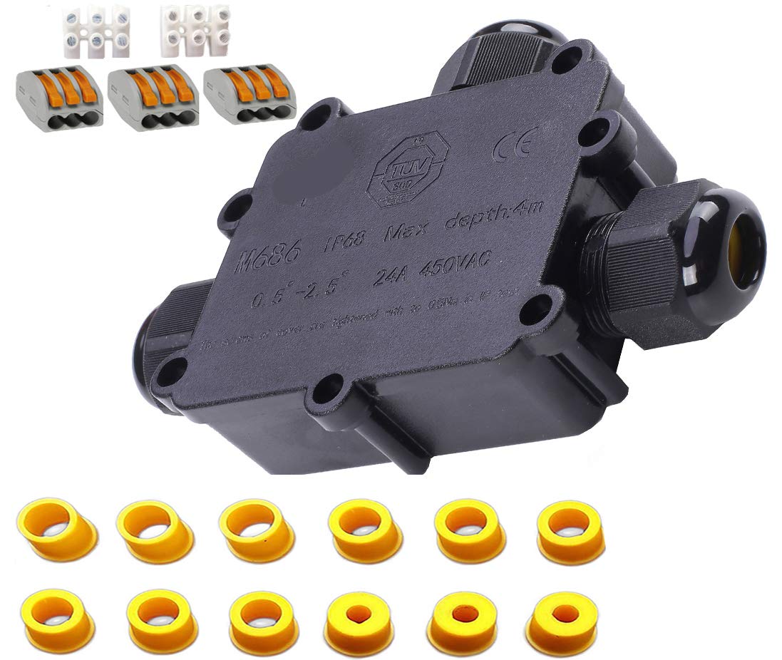 Sucre Auxiliary ® 24A 450V 3 Way T Shape IP68 Waterproof Electrical Cable Wire Connector Junction Box UK (4-14mm)