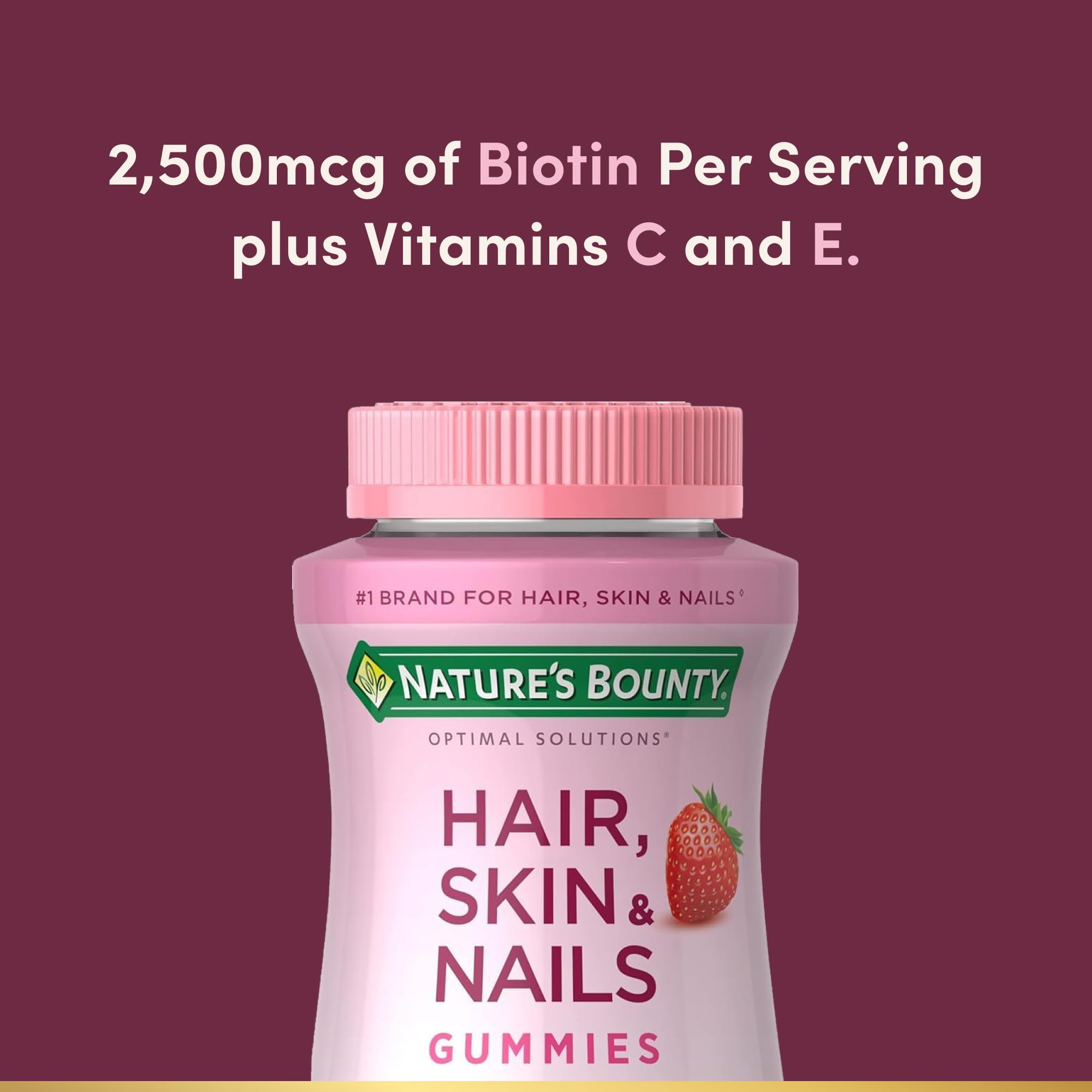 Nature's Bounty Hair, Skin & Nails with Biotin, Strawberry Gummies Vitamin Supplement, Supports Hair, Skin, and Nail Health for Women, 2500 mcg, 140 Ct, 70 Total Servings