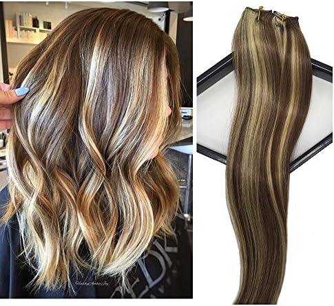 Labetti Clip in Human Hair Extensions 7 Pieces for Full Head Silky Straight Remy Weft Hair Chestnut Brown with Blonde Highlights