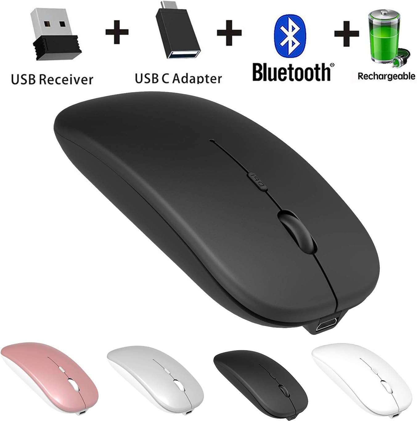 Rechargeable 2.4GHz and Bluetooth Mouse,Wireless Mouse for MacBook Pro Mac Air,Blluetooth Mouse for ipad Notebook Tablet Computer,Wireless Mouse for MacBook air (Black)