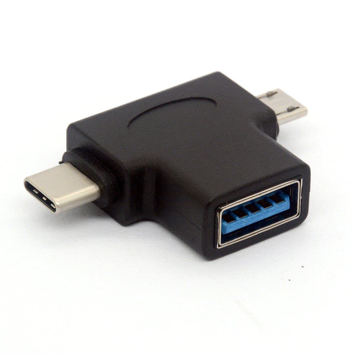 USB 3.0 Female to Micro USB 5 Pin Male and Type C (USB C) Male Adapter Connector 2 in 1 USB T Shape OTG Converter
